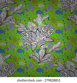 Seamless doodles pattern on green background. Vector illustration.
