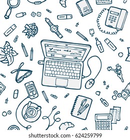 Seamless doodles pattern of work place with laptop
