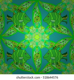 Seamless doodles and petal flowers pattern. Vector illustration. Green fishes.