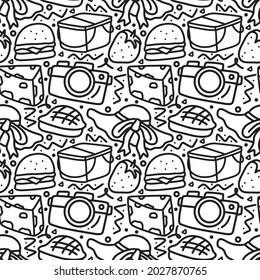 seamless doodles of picnic elements on white background