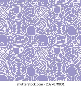 seamless doodles of sports elements, football, baseball, tennis, medal, trophy. vector illustration