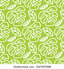 seamless doodles of summer leaves on green background