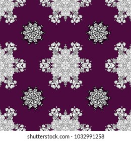 Seamless doodles textured curls. Oriental style arabesques. Vector pattern. Doodles pattern on purple, white and black colors with with white doodles.