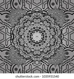 Seamless doodles textured curls. Vector illustration. White, black and gray colors with doodles elements. Vector doodles pattern. Oriental style arabesques.