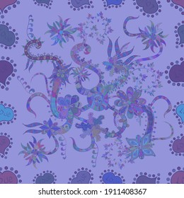 Seamless Doodles violet, neutral and blue on colors. Vector. Vintage. Stylish fabric pattern.