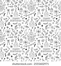 Seamless doodle-style birthday pattern. Cartoon cat, balloons, cake, inscription. Background for wrapping paper, gifts, and children's textiles.