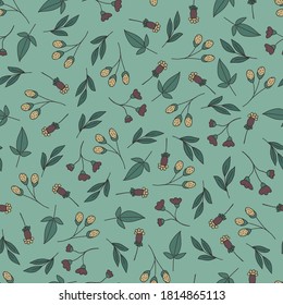 Seamless Doodle-style floral pattern with flowers and leaves.