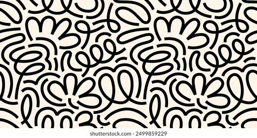 Seamless doodle-style pattern. Abstract geometric grunge background in black and white colors. Memphis style. Ideal for banner design, postcards, advertising, wallpapers, wrapping papers, and textile.