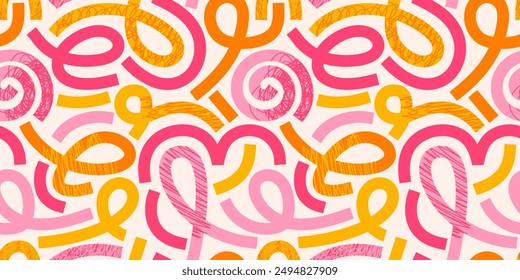 A seamless doodle-style pattern. Abstract textured grunge background consisting of pink and yellow swirling lines. Girly backdrop. Ideal for banner design, postcards, advertising, and textile design