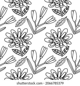 Seamless doodle-style pattern, black outlines of objects - sunflowers, leaves, bells.