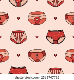 A seamless doodle-style pattern featuring various shapes of women's panties, surrounded by delicate heart motifs. Perfect for textile designs and feminine-themed projects.