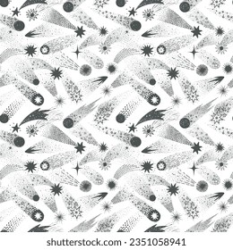 Nahtloses doodle-Muster mit handgezeichneten schwarzen Sternen auf Weiß. Ideal für Hintergründe, Textilien, Wallpaper, Verpackung und Scrapbooking.