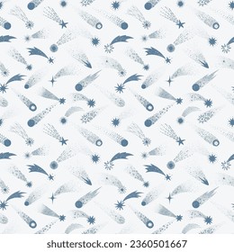 Seamless doodle-style pattern with hand-drawn blue shooting stars on white. Ideal for backgrounds, textiles, wallpapers, packaging and scrapbooking.