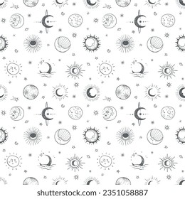 Seamless doodle-style pattern with hand-drawn stars and moons. Perfect for backgrounds, textiles, wallpapers, packaging, scrapbooking