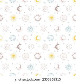 Seamless doodle-style pattern with hand-drawn  stars and moons in pastel tones. Ideal for backgrounds, textiles, wallpapers, packaging, and scrapbooking.