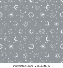 Seamless doodle-style pattern with hand-drawn  stars and moons on grey. Ideal for backgrounds, textiles, wallpapers, packaging and scrapbooking.