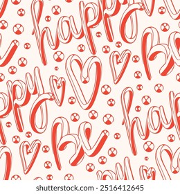 Seamless doodle-style pattern with the lettering "Be happy". Vector illustration.