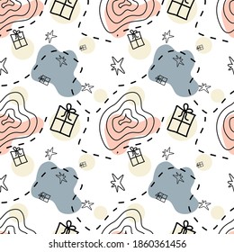 Seamless Doodle-style pattern. On the pattern gift, dotted line, puddle, stars. Black drawing with colored blots. Vector illustration.