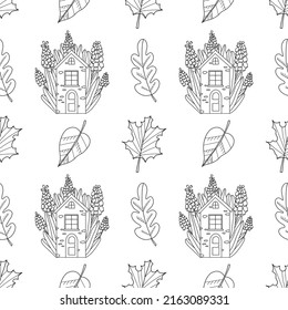 Patrón de doodle sin fisuras con una casa rústica, hojas y primasías primaverales. Textura dibujada a mano para tela, papel.