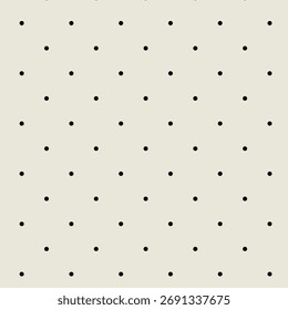 Seamless dot grid pattern featuring evenly spaced black dots on a light beige background. This minimalist geometric texture is ideal for use in digital design, fashion textiles, packaging,
