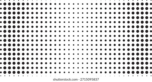 Seamless Dot Halftone Gradient Background. Black Dots Pattern Transitioning from Edges to Center. Geometric Grid Halftone Dot Pattern with Gradual Size Variation Texture.