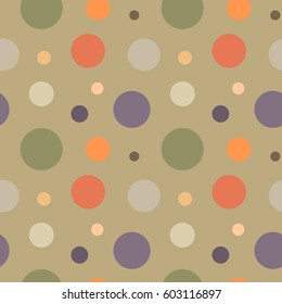 Seamless dot pattern. Texture of points, spots symbols. Dot, disk, circle signs. Abstract rain, snow. Winter theme, dress design. Colored silhouettes on olive, gray green background. Vector