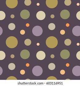 Seamless dot pattern. Texture of points, spots symbols. Dot, disk, circle signs. Abstract rain, snow. Winter theme, dress design. Colored silhouettes on gray, lilac background. Vector
