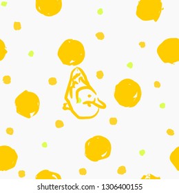 Seamless Dot pattern.Brush drawing circle and drawing duck design on white background. Yellow tone.