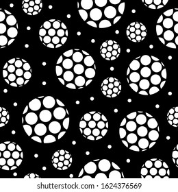 Seamless dot-circle patterns resemble football ball. The pattern consists of a black background and white dotted circles of various sizes. The design backdrop, paper or fabric background. Vector 