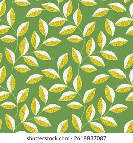 Seamless doted leaves pattern. Floral ornament with climbing branches and leaves on green background. used for textile, bed linen, wallpaper,