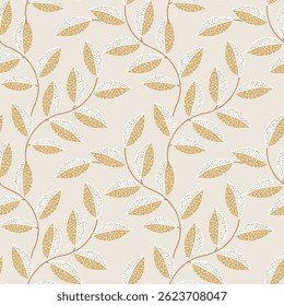 Padrão de folhas pontilhadas sem costura. Ornamento floral com ramos escaladores e folhas amarelas sobre fundo bege. usado para têxtil, roupa de cama, papel de parede,