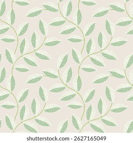 Nahtlose gepunktete Blätter Muster. Blumenornament mit kletternden Ästen und Blättern auf grauem Hintergrund. für Textilien, Bettwäsche, Tapeten,