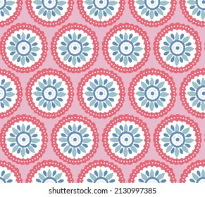 Seamless doted retro spring floral pattern on pink background, abstract modern doted circle.Colorful ethnic mandala pattern. Seamless vector ornamental background with abstract flowers on white
