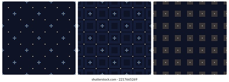 Seamless dots backgrounds set repeating pattern abstract mosaic ornament. Modern fabric design textile swatch ladies dress, man shirt all over print block. Digital illustration, high resolution image.