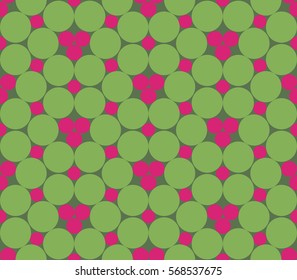 Seamless dots, seamless circles, abstract flowers. Geo, geometric pattern with  abstract flowers in green and pink. Seamless background with monotone pattern. Oriental simple background in vector.