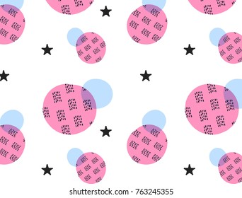 seamless dots modern hand drawn pattern. white background geometry circle pink and blue with black stars seamless fabric sample. swatch vector illustration