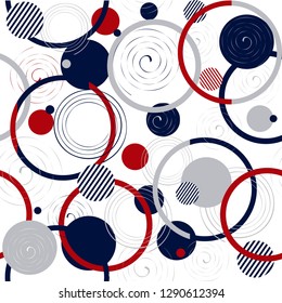 Seamless dots pattern in retro colors. White background with geometry circle and spirals. Vector illustration