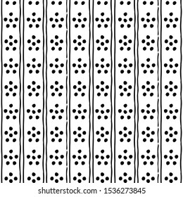 Seamless dots and strips pattern. Seamless ethnic pattern. Fabric, textile, print. Handmade folk motive. Polka dot pattern. Russia ethnic vector background.