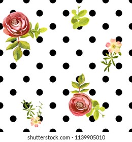 Nahtlose Blumenmuster im Blumenstil mit blühenden, bordeauxroten und gelben, orangefarbenen und weißen Rosen, grünen Blättern. Trendy dekorativer Hintergrund. Vektorgrafik