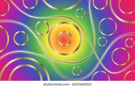Fondo punteado sin fisuras en colores llamativos con rayas doradas. Vektor