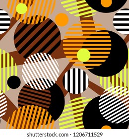 Seamless dotted circles colorful pattern, stripped round shapes.Bright dynamic geometric motif, graffiti style of modern print.