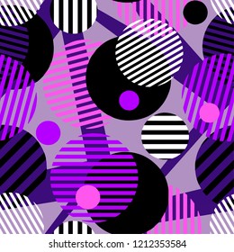 Seamless dotted circles colorful pattern, stripped round shapes.Bright dynamic geometric motif, graffiti style of modern print.