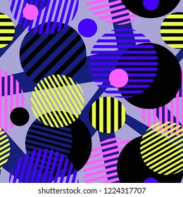 Seamless dotted circles colorful pattern, stripped round shapes.Bright dynamic geometric motif, graffiti style of modern print.