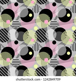 Seamless dotted circles colorful pattern, stripped round shapes.Bright dynamic geometric motif, graffiti style of modern print.