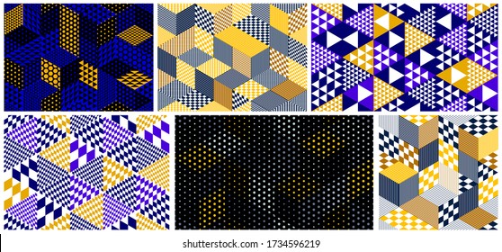 Seamless dotted cubes vector backgrounds set, dots boxes repeating tile patterns, 3D architecture and construction, geometric designs.