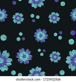 Flores de estampado floral sin soldadura sobre fondo oscuro repiten una textura de fondo interminable para textil, papel de envoltura, papel de pared, ropa, cortinas, tela, estampados de tela de moda