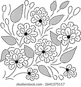 Seamless dotted floral pattern with Leaves and swirls, Black Dotted Floral Vector illustration, Dotted floral Embroidery Design Element, Hand drawn Flowers in dotted flat style Vintage floral pattern