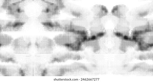 Seamless dotted halftone pattern of fluffy shapeless lumps with elements of mirror symmetry. Simulation of vibration, movement, overlay. Transparent background. Vector.