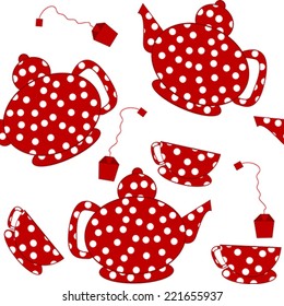 Seamless with dotted kettles, tea cups and tea bags