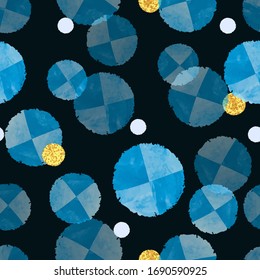 Seamless dotted pattern with blue circles. Vector abstract illustration with watercolor balls.
